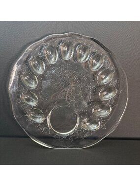 Deviled Egg Platter Vintage Floral Etching 12 Egg Compartment Serving Plate Dip